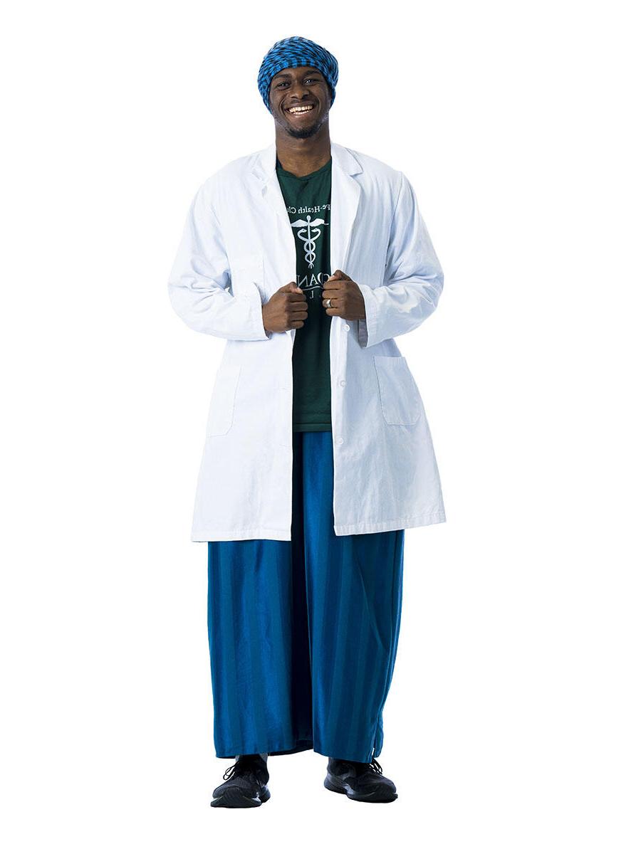 A student in a lab coat on a white background. 